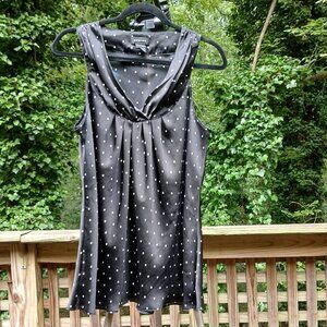 Spence Stylish White Polka Dots on Black Sleeveless Cowl Neck Tunic Top Sz L